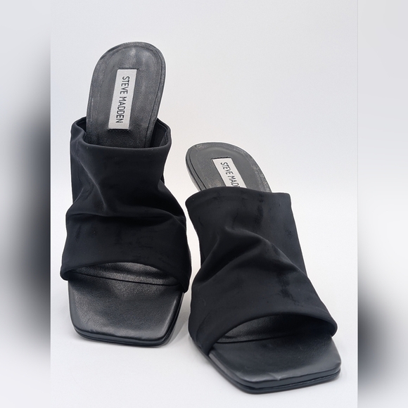Steve Madden Size 9.5 M Black Stretch Fabric Black Stilleto Sandal Square Toe - Picture 7 of 17